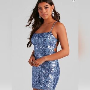 Windsor M Medium Light Blue Sequin Strappy Lace-up Back Mini Formal Dance Dress